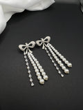AndQ Bowknot Zircon Embedded Double Pearls Tassels Earrings