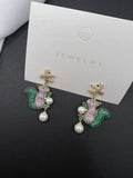 AndQ Cute Squirrel Eating Pine Cone Pearls Pendant Earrings