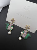 AndQ Cute Squirrel Eating Pine Cone Pearls Pendant Earrings