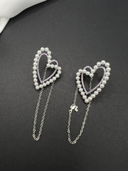 AndQ Double Zircon and Pearls Hearts with U Chain Drop Earrings
