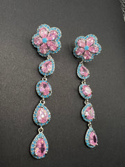 AndQ Pink Peach Blossom Tassel Zircon Embedded Earrings