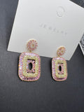 AndQ Pink and Light Yellow Classic Square Zircon Embedded Earrings