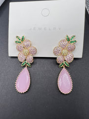 AndQ Pink Flower Zircon Micro Embedded and Opal Earrings