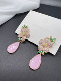 AndQ Pink Flower Zircon Micro Embedded and Opal Earrings