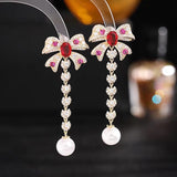 AndQ【Sweet Princess】Bowknot Hearts Drop with Pearls Earrings